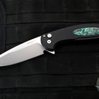 Protech Cambria Flipper- Black Aluminum Handle- TechnoCarbo Teal Inlay- Stonewash Magnacut Blade- Black Lip Pearl Button BSA25.Cambria.1