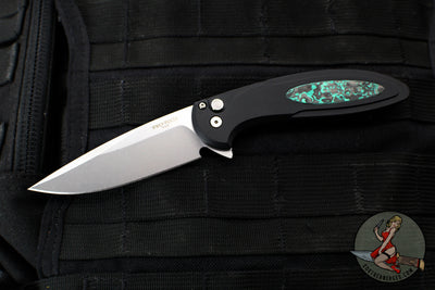 Protech Cambria Flipper- Black Aluminum Handle- TechnoCarbo Teal Inlay- Stonewash Magnacut Blade- Black Lip Pearl Button BSA25.Cambria.1