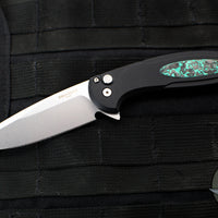 Protech Cambria Flipper- Black Aluminum Handle- TechnoCarbo Teal Inlay- Stonewash Magnacut Blade- Black Lip Pearl Button BSA25.Cambria.1