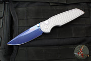 Protech TR-3 Integrity- Manual Button Lock Knife- BLADE SHOW 2025- Relic Pattern Battleship Grey Handle- Sapphire Blue S35VN Steel Blade- Abalone Button BSA25.INT.1