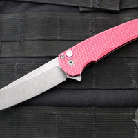 Protech Malibu Flipper- Reverse Tanto-  Battleworn Red Dragon Scale Patterned Handle- Acidwash Magnacut Finished Blade- Black Lip Pearl Button BSA25.MALIBU.1