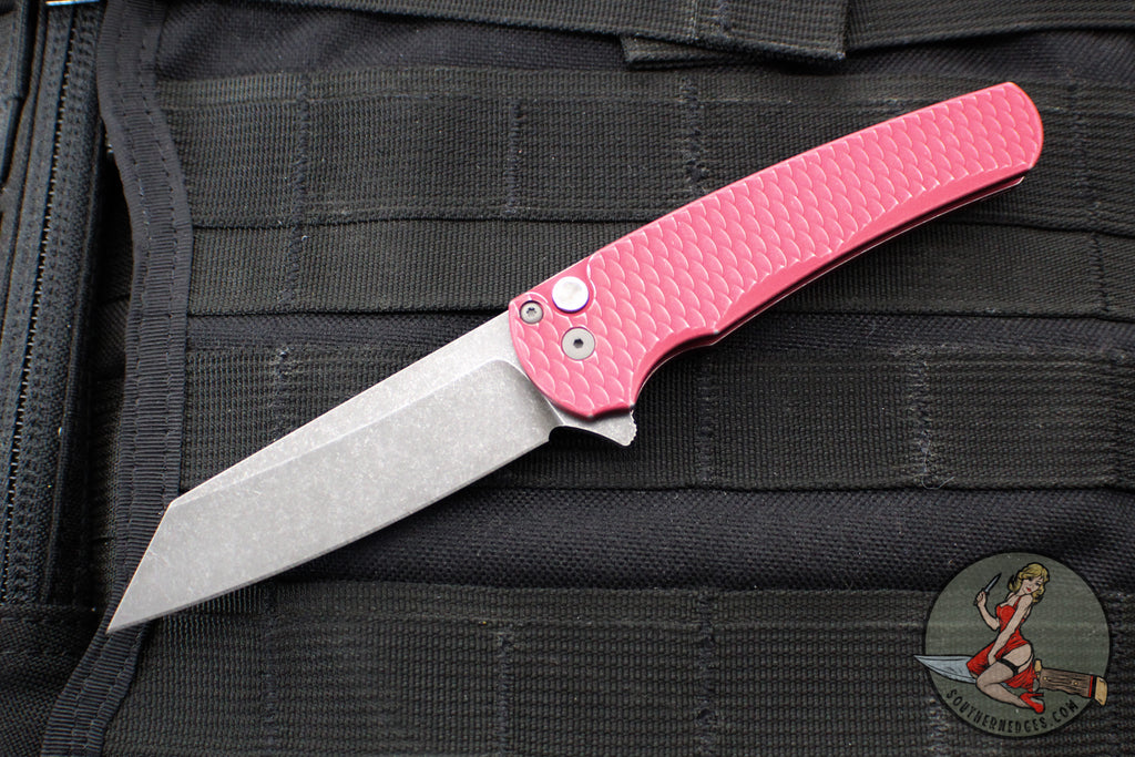 Protech Malibu Flipper- Reverse Tanto-  Battleworn Red Dragon Scale Patterned Handle- Acidwash Magnacut Finished Blade- Black Lip Pearl Button BSA25.MALIBU.1