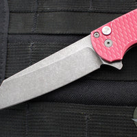 Protech Malibu Flipper- Reverse Tanto-  Battleworn Red Dragon Scale Patterned Handle- Acidwash Magnacut Finished Blade- Black Lip Pearl Button BSA25.MALIBU.1