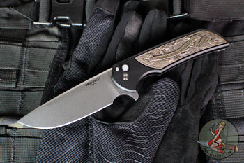 Protech Mordax Flipper- BLADE SHOW 2026- Black Handle- White Brass America's 250th Inlay- Stonewash Magnacut Blade- White Pearl Button BSA26.Mordax.2