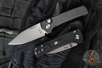 Chaves Protech Knives- Scapegoat Compact- OTS Auto- Black Carbide Textured Handle- Stonewash MagnaMax Steel Blade- Abalone Button Edition of 120 BSA26.SCAPEGOAT.1