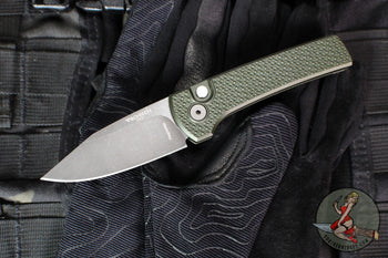 Chaves Protech Knives- Scapegoat Compact- OTS Auto- Green Carbide Textured Handle- Acid Wash MagnaMax Steel Blade- Black Lip Pearl Button Edition of 115 BSA26.SCAPEGOAT.2