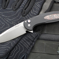 Protech Cambria Flipper- Black Aluminum Handle- TechnoCarbo Red Inlay- Stonewash Magnacut Blade- Black Lip Pearl Button CF2101-LTD TC RED