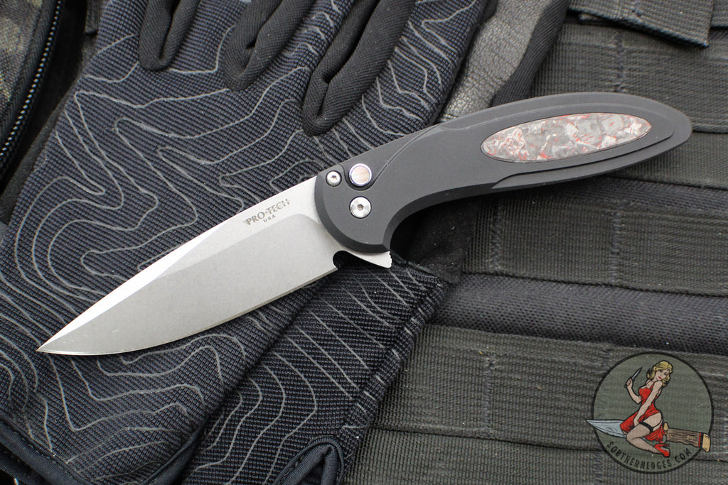 Protech Cambria Flipper- Black Aluminum Handle- TechnoCarbo Red Inlay- Stonewash Magnacut Blade- Black Lip Pearl Button CF2101-LTD TC RED