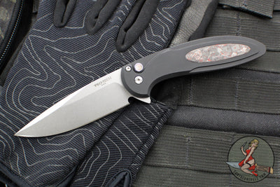 Protech Cambria Flipper- Black Aluminum Handle- TechnoCarbo Red Inlay- Stonewash Magnacut Blade- Black Lip Pearl Button CF2101-LTD TC RED