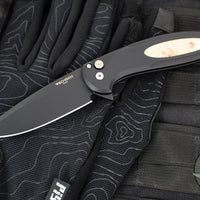 Protech Cambria Flipper- Black Aluminum Handle- Maple Burl Wood Inlay- Black DLC Magnacut Blade- Mosaic Pin Button CF2103-LTD Maple