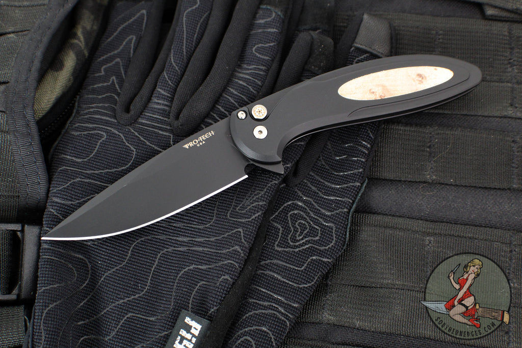 Protech Cambria Flipper- Black Aluminum Handle- Maple Burl Wood Inlay- Black DLC Magnacut Blade- Mosaic Pin Button CF2103-LTD Maple