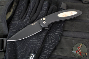 Protech Cambria Flipper- Black Aluminum Handle- Maple Burl Wood Inlay- Black DLC Magnacut Blade- Mosaic Pin Button CF2103-LTD Maple