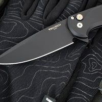Protech Cambria Flipper- Black Aluminum Handle- Maple Burl Wood Inlay- Black DLC Magnacut Blade- Mosaic Pin Button CF2103-LTD Maple