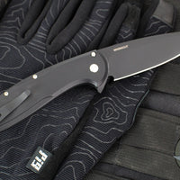 Protech Cambria Flipper- Black Aluminum Handle- Maple Burl Wood Inlay- Black DLC Magnacut Blade- Mosaic Pin Button CF2103-LTD Maple