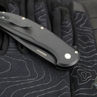 Protech Cambria Flipper- Black Aluminum Handle- Maple Burl Wood Inlay- Black DLC Magnacut Blade- Mosaic Pin Button CF2103-LTD Maple