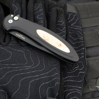 Protech Cambria Flipper- Black Aluminum Handle- Maple Burl Wood Inlay- Black DLC Magnacut Blade- Mosaic Pin Button CF2103-LTD Maple