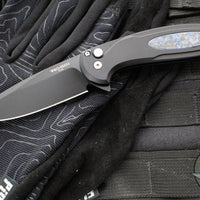 Protech Cambria Flipper- Black Aluminum Handle- TechnoCarbo Blue Inlay- Black DLC Magnacut Blade- Black Lip Pearl Button CF2103-LTD TC BLUE