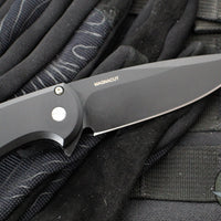Protech Cambria Flipper- Black Aluminum Handle- TechnoCarbo Blue Inlay- Black DLC Magnacut Blade- Black Lip Pearl Button CF2103-LTD TC BLUE