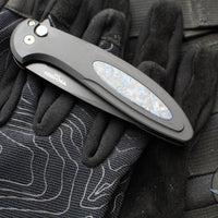 Protech Cambria Flipper- Black Aluminum Handle- TechnoCarbo Blue Inlay- Black DLC Magnacut Blade- Black Lip Pearl Button CF2103-LTD TC BLUE