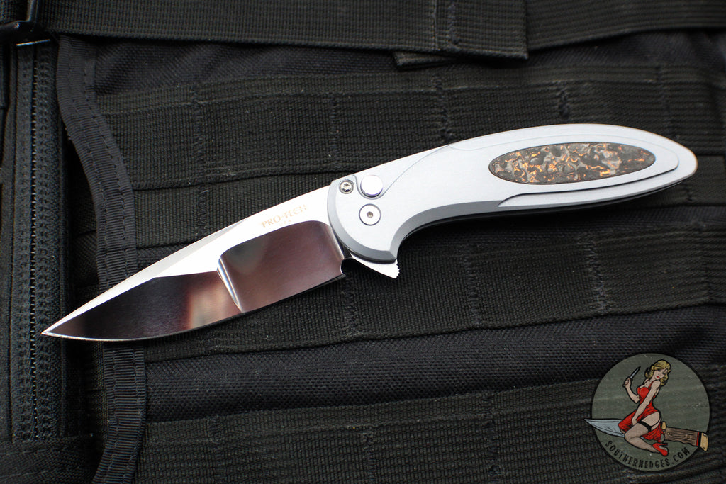 Protech Custom Cambria Flipper- Blade Show 2025- Grey Aluminum Handle- TechnoCarbo Copper Inlay- Mike Irie Compound Ground Mirror Polished Blade- Black Lip Pearl Button 2025 Custom Cambria 004