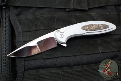 Protech Custom Cambria Flipper- Blade Show 2025- Grey Aluminum Handle- TechnoCarbo Copper Inlay- Mike Irie Compound Ground Mirror Polished Blade- Black Lip Pearl Button 2025 Custom Cambria 004