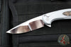 Protech Custom Cambria Flipper- Blade Show 2025- Grey Aluminum Handle- TechnoCarbo Copper Inlay- Mike Irie Compound Ground Mirror Polished Blade- Black Lip Pearl Button 2025 Custom Cambria 004