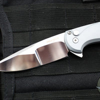Protech Custom Cambria Flipper- Blade Show 2025- Grey Aluminum Handle- TechnoCarbo Copper Inlay- Mike Irie Compound Ground Mirror Polished Blade- Black Lip Pearl Button 2025 Custom Cambria 004