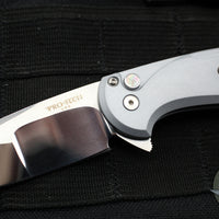 Protech Custom Cambria Flipper- Blade Show 2025- Grey Aluminum Handle- TechnoCarbo Copper Inlay- Mike Irie Compound Ground Mirror Polished Blade- Black Lip Pearl Button 2025 Custom Cambria 004
