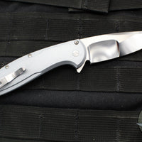 Protech Custom Cambria Flipper- Blade Show 2025- Grey Aluminum Handle- TechnoCarbo Copper Inlay- Mike Irie Compound Ground Mirror Polished Blade- Black Lip Pearl Button 2025 Custom Cambria 004