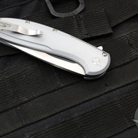 Protech Custom Cambria Flipper- Blade Show 2025- Grey Aluminum Handle- TechnoCarbo Copper Inlay- Mike Irie Compound Ground Mirror Polished Blade- Black Lip Pearl Button 2025 Custom Cambria 004