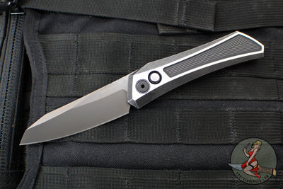 Protech Custom Oligarch Out The Side (OTS) Auto Knife - BLADE SHOW 2025- Blackwash/Satin Flat DLC Two-Tone Stainless Handle With Weave Texture- Smokey Grey DLC Magnacut Blade- Black Lip Pearl Button 2025 Oligarch Custom 003