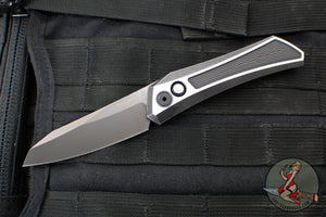 Protech Custom Oligarch Out The Side (OTS) Auto Knife - BLADE SHOW 2025- Blackwash/Satin Flat DLC Two-Tone Stainless Handle With Weave Texture- Smokey Grey DLC Magnacut Blade- Black Lip Pearl Button 2025 Oligarch Custom 003