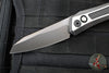 Protech Custom Oligarch Out The Side (OTS) Auto Knife - BLADE SHOW 2025- Blackwash/Satin Flat DLC Two-Tone Stainless Handle With Weave Texture- Smokey Grey DLC Magnacut Blade- Black Lip Pearl Button 2025 Oligarch Custom 003