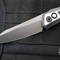 Protech Custom Oligarch Out The Side (OTS) Auto Knife - BLADE SHOW 2025- Blackwash/Satin Flat DLC Two-Tone Stainless Handle With Weave Texture- Smokey Grey DLC Magnacut Blade- Black Lip Pearl Button 2025 Oligarch Custom 003
