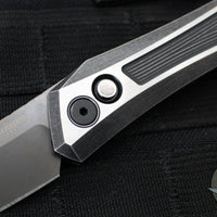 Protech Custom Oligarch Out The Side (OTS) Auto Knife - BLADE SHOW 2025- Blackwash/Satin Flat DLC Two-Tone Stainless Handle With Weave Texture- Smokey Grey DLC Magnacut Blade- Black Lip Pearl Button 2025 Oligarch Custom 003