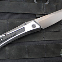 Protech Custom Oligarch Out The Side (OTS) Auto Knife - BLADE SHOW 2025- Blackwash/Satin Flat DLC Two-Tone Stainless Handle With Weave Texture- Smokey Grey DLC Magnacut Blade- Black Lip Pearl Button 2025 Oligarch Custom 003