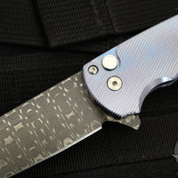 Protech Custom Malibu Flipper- Reverse Tanto- Blue Anodized Titanium Handle- Vegas Forge Razorwire Damascus Blade