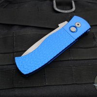 Protech Emerson CQC7 Out The Side Auto (OTS) Knife- Tanto Edge Chisel Ground- Blue Jigged Textured Handle- Blasted Blade- Deep Carry Clip E7T05-BLUE