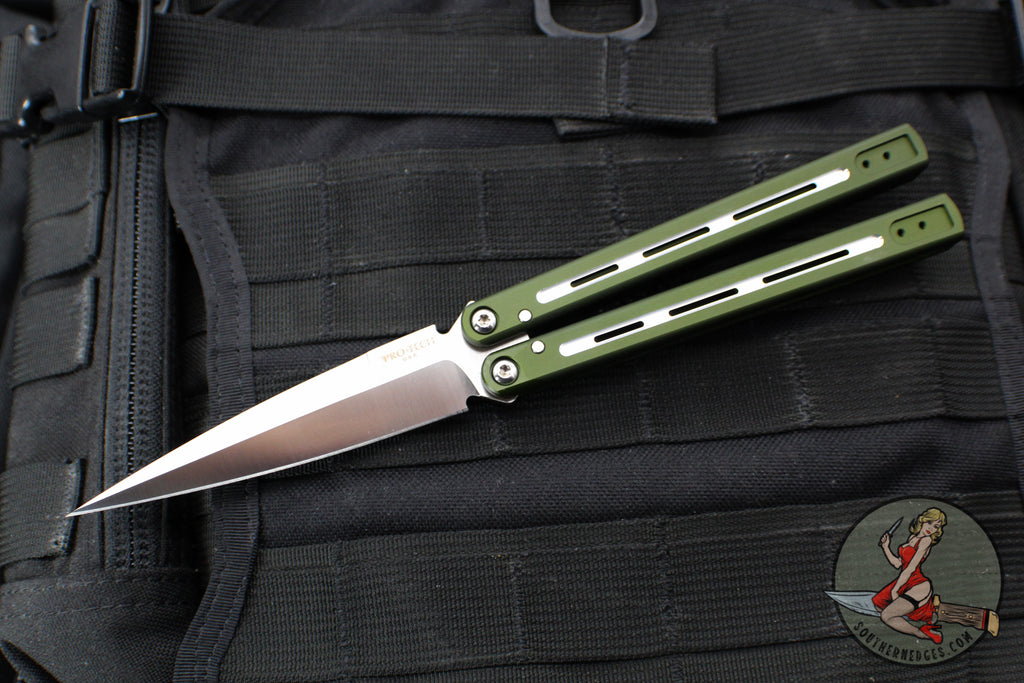 Protech FlyFather 2 Balisong- Dual Tone Green Channel Handles- Satin Finished Blade FF2101-Green