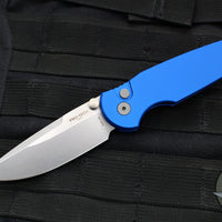 Protech TR-3 Integrity- Manual Button Lock Knife- Smooth Blue Handle- Stonewash S35VN Steel Blade  INT101-Blue