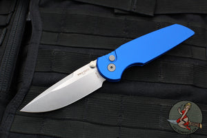 Protech TR-3 Integrity- Manual Button Lock Knife- Smooth Blue Handle- Stonewash S35VN Steel Blade  INT101-Blue