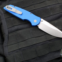 Protech TR-3 Integrity- Manual Button Lock Knife- Smooth Blue Handle- Stonewash S35VN Steel Blade  INT101-Blue