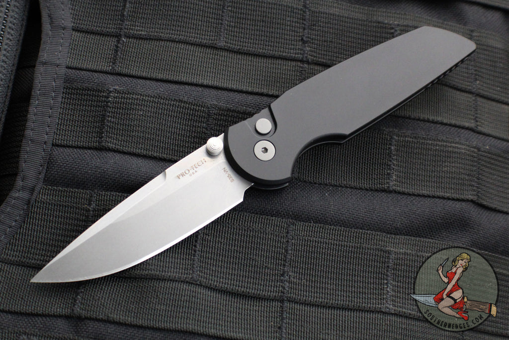 Protech TR-3 Integrity- Manual Button Lock Knife- Smooth Black Handle- Stonewash S35VN Steel Blade  INT101