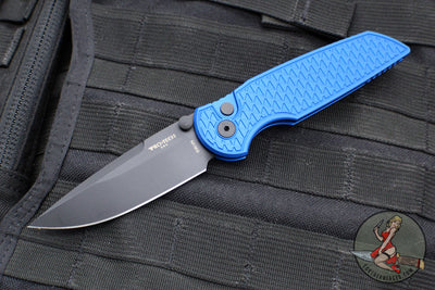 Protech TR-3 Integrity- Manual Button Lock Knife- Relic Pattern Blue Handle- Black DLC S35VN Steel Blade  INT106-BLUE