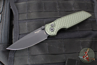 Protech TR-3 Integrity- Manual Button Lock Knife- Relic Pattern Green Handle- Black DLC S35VN Steel Blade  INT106-GREEN