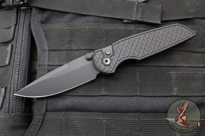 Protech TR-3 Integrity- Manual Button Lock Knife- Operator- Black Relic Pattern Handle- Black DLC S35VN Steel Blade- Tritium Button  INT106-OPERATOR