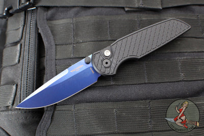 Protech TR-3 Integrity- Manual Button Lock Knife- Black Relic Pattern Handle- Sapphire Blue S35VN Steel Blade  INT106-SB