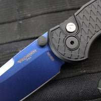 Protech TR-3 Integrity- Manual Button Lock Knife- Black Relic Pattern Handle- Sapphire Blue S35VN Steel Blade  INT106-SB