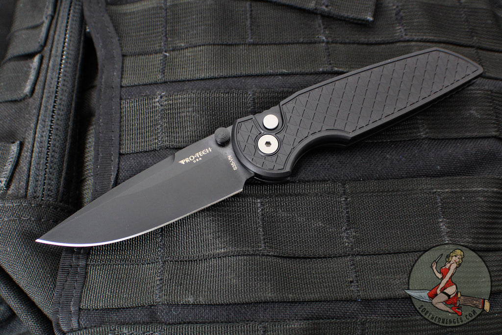 Protech TR-3 Integrity- Manual Button Lock Knife- Black Relic Pattern Handle- Black DLC S35VN Steel Blade  INT106