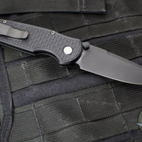 Protech TR-3 Integrity- Manual Button Lock Knife- Black Relic Pattern Handle- Black DLC S35VN Steel Blade  INT106